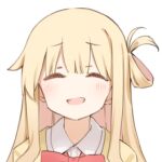  1girl ^_^ bad_link blonde_hair bow bowtie closed_eyes facing_viewer little_witch_nobeta long_hair lowres nobeta nobeta_(knitted_uniform_skin) official_art open_mouth portrait red_bow red_bowtie sidelocks simple_background solo 
