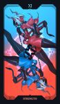  2girls bar_censor black_gloves blue_eyes blue_skin breasts censored collar colored_skin demon_girl demon_horns demon_tail futanari gloves highres horns large_breasts multiple_girls mutual_penetration navel nipple_piercing nipples one_eye_closed original piercing red_eyes red_skin short_hair spiked_chain strength_(tarot) symmetry tail tail_pull tailbox tarot thick_thighs thighhighs thighs 