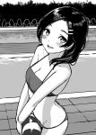  :d bikini blush breasts cleavage collarbone commentary_request greyscale groin hair_ornament hairclip kantai_collection kuroshio_(kantai_collection) looking_at_viewer monochrome navel open_mouth poolside satsuki_neko short_hair small_breasts smile solo swimsuit 
