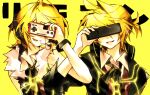  1boy 1girl absurdres blonde_hair controller covered_eyes game_controller highres holding holding_controller holding_game_controller holding_remote_control hynn0x_x kagamine_len kagamine_rin pale_skin ponytail remote_control shirt short_ponytail smile tongue tongue_out vocaloid 