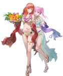  2girls bikini bowl breasts celica_(fire_emblem) celica_(summer)_(fire_emblem) cleavage criss-cross_halter fire_emblem fire_emblem:_the_blazing_blade fire_emblem_echoes:_shadows_of_valentia flower food fruit fruit_bowl grabbing_another&#039;s_arm hair_flower hair_ornament halterneck highres holding holding_bowl looking_at_viewer medium_breasts multiple_girls navel non-web_source official_alternate_costume official_art omelet_tomato open_mouth pink_hair purple_eyes red_eyes red_hair red_shawl sandals sarong see-through_clothes see-through_sarong serra_(fire_emblem) serra_(summer)_(fire_emblem) shawl smile swimsuit tachi-e transparent_background twintails white_bikini yellow_bikini 