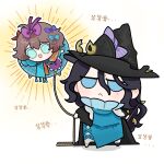  2girls :&lt; :d black_cape black_hair black_hat blue_bow blue_dress blue_eyes blue_scarf bow brown_hair cape character_name chibi dress floating flutterpage full_body hair_between_eyes hair_bow hat highres holding holding_rope holding_wand long_hair looking_at_viewer mole mole_under_eye multiple_girls multiple_hair_bows orange_scarf purple_bow qiucaotou reverse:1999 rope scarf smile standing sunburst two-tone_scarf wand white_background willow_(reverse:1999) witch_hat 
