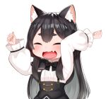  1girl animal_ear_fluff animal_ears bad_link black_hair cat_ears cat_girl closed_eyes fang little_witch_nobeta long_hair long_sleeves official_art open_mouth phyllis_(human)_(little_witch_nobeta) phyllis_(little_witch_nobeta) simple_background solo thick_eyebrows upper_body very_long_hair 
