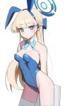  1girl animal_ears aqua_bow aqua_bowtie blonde_hair blue_archive blue_eyes blue_hairband blue_halo blue_leotard blush bow bowtie breasts briefcase closed_mouth detached_collar earpiece fake_animal_ears fuyukey hairband halo highleg highleg_leotard highres holding holding_briefcase leotard long_hair looking_at_viewer official_alternate_costume playboy_bunny rabbit_ears solo strapless strapless_leotard thighhighs toki_(blue_archive) toki_(bunny)_(blue_archive) white_thighhighs 