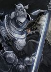 2boys armor banished_knight banished_knight_oleg beard black_background black_cape breastplate cape chinese_commentary codpiece commentary_request elden_ring facial_hair full_armor gauntlets greaves height_difference highres holding holding_sword holding_weapon hug knight multiple_boys parted_lips plume scar scar_on_face smile sword tarnished_(elden_ring) tworain_w unfinished upper_body weapon 