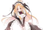  apron asuna_(sao) black_ribbon blush bow highres long_hair long_sleeves looking_at_viewer maid maid_apron maid_headdress neko3 nervous open_mouth orange_eyes red_bow ribbon simple_background sword_art_online white_apron white_background 