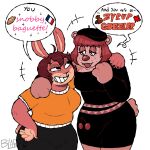 1:1 2025 absurd_res anthro arm_around_shoulders bear beret blarf022 breasts clothing countershade_hands countershading dialogue duo english_text female grin hat headgear headwear hi_res insult_of_endearment lagomorph leporid mammal maple_(unsavory_stash) rabbit sherry_bear_(blarf022) simple_background smile speech_bubble text white_background