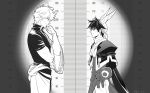  2boys black_and_white black_hair cape crossover face-to-face gintama gloves hat houshin_engi japanese_clothes kenin kimono male_focus measuring monochrome multiple_boys profile short_hair smile standing taikoubou white_hair 