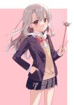  1girl absurdres akaneko016 black_skirt blue_jacket blush bow bowtie breasts collared_shirt fate/kaleid_liner_prisma_illya fate_(series) grin highres illyasviel_von_einzbern jacket long_hair long_sleeves looking_at_viewer magical_ruby red_eyes shirt sidelocks skirt small_breasts smile solo sweater wand white_hair yellow_sweater 