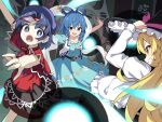  3girls belt black_belt black_ribbon black_skirt blonde_hair blue_dress blue_eyes blue_hair chinese_clothes collared_vest commentary_request danmaku dress feet_out_of_frame flower frilled_hat frills hair_ornament hair_rings hair_stick hat hiyaya_(kochi_michikaze) jiangshi kaku_seiga kirisame_marisa lace-trimmed_sleeves lace_trim long_hair looking_at_another miyako_yoshika multiple_girls neck_ribbon newsboy_cap ofuda open_clothes open_mouth open_vest outstretched_arms purple_hat red_shirt ribbon shirt short_hair short_sleeves skirt smile tangzhuang ten_desires touhou vest white_flower white_vest witch_hat yellow_eyes zombie_pose 