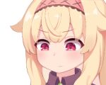  1girl bad_link blonde_hair close-up closed_mouth hair_between_eyes hairband light_blush little_witch_nobeta looking_down lowres nobeta nobeta_(witch_skin) official_art red_eyes simple_background solo transparent_background upper_body 