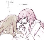  2girls bang_dream! bang_dream!_it&#039;s_mygo!!!!! blush brown_hair chihaya_anon commentary english_commentary english_text eye_contact fang glasses grey_eyes highres holding holding_removed_eyewear hug long_hair looking_at_another lying multiple_girls nagasaki_soyo niigouki open_mouth pink_hair sidelocks simple_background skin_fang unworn_eyewear white_background yuri 