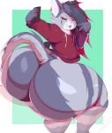  anthro butt cellphone clothing feline female fur grey_fur looking_back mammal orange_eyes overweight phone selfie solo tongue tongue_out trinity-fate62 