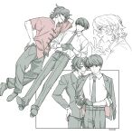  2boys adjusting_clothes belt black_belt black_gloves black_hair black_jacket black_necktie black_pants black_shoes closed_mouth collared_shirt commentary cowboy_shot daiba_shizuma dress_shoes from_side full_body gloves hand_on_own_hip hands_on_own_stomach highres jacket jacket_on_shoulders looking_ahead looking_at_another lying male_focus medium_hair multiple_boys multiple_views necktie ok_sign on_back on_side ooe_(game) oosaki_(ooe) pants red_eyes red_shirt shamoroku shirt shoes short_hair simple_background smile standing symbol-only_commentary tongue tongue_out white_background white_shirt 