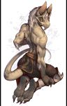 anthro armor barefoot claws feet foot_focus half-naked half_clothed hi_res kneeling kredri looking_down male mammal soles solo tail toes yaraga