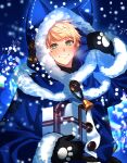  1boy absurdres adjusting_hood alternate_costume animal_ear_hood arthur_pendragon_(fate) bell black_mittens blonde_hair blue_background blue_jacket blush box breath christmas commentary fate/prototype fate_(series) fur-trimmed_hood fur-trimmed_jacket fur-trimmed_sleeves fur_trim gift gift_box green_eyes grin highres holding holding_gift hood hood_up hooded_jacket jacket long_sleeves looking_at_viewer male_focus mittens neck_bell paw_print seseragi_azuma short_hair simple_background smile snow snowing solo upper_body winter_clothes 