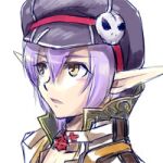  1boy arch_bishop_(ragnarok_online) commentary_request cross_of_prontera expressionless grey_hat hair_between_eyes hat hat_ornament lowres male_focus newsboy_cap open_mouth pointy_ears portrait purple_hair ragnarok_online short_hair simple_background skull_hat_ornament solo upper_body white_background yellow_eyes yukimushi 