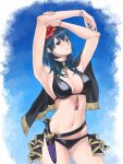  1girl absurdres armpits arms_up ass_visible_through_thighs bikini black_bikini black_cape blue_eyes blue_hair blush breasts cape cleavage closed_mouth dagger female_byleth_(fire_emblem) female_byleth_(summer)_(fire_emblem) fire_emblem fire_emblem:_three_houses fire_emblem_heroes flower hair_flower hair_ornament hibiscus highres knife large_breasts long_hair looking_at_viewer marukubi9595 navel official_alternate_costume red_flower sheath sheathed sideboob smile solo standing swimsuit weapon 