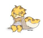 ambiguous_gender anthro aoihinoki1024 bodily_fluids bottomwear clothing dot_eyes drooling eel fish humanoid hybrid marine markings saliva scarf shaking shorts signature simple_eyes sitting solo spots spotted_body tail tail_mouth unusual_anatomy unusual_tail