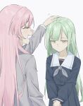  2girls absurdres bang_dream! bang_dream!_it&#039;s_mygo!!!!! blue_shirt blue_skirt chihaya_anon chinese_commentary closed_eyes commentary_request fang green_hair grey_jacket grey_neckerchief hair_ornament hairclip haneoka_school_uniform headpat highres jacket long_hair multiple_girls neckerchief ns68914ly0019 open_mouth pink_hair pleated_skirt school_uniform shirt simple_background skirt tsukinomori_school_uniform wakaba_mutsumi white_background yellow_eyes 
