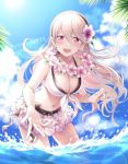  bikini black_ribbon blue_sky blush bracelet breasts cleavage cloud commentary_request day female_my_unit_(fire_emblem_if) fire_emblem fire_emblem_heroes fire_emblem_if flower hair_flower hair_ornament hairband hiyori_(rindou66) jewelry large_breasts long_hair my_unit_(fire_emblem_if) navel open_mouth red_eyes ribbon sky solo standing swimsuit twitter_username wading water white_hair wreath 