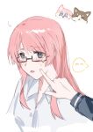  2girls bang_dream! bang_dream!_it&#039;s_mygo!!!!! blue_shirt cheek_poking chihaya_anon commentary drooping fang grey_eyes highres long_hair long_sleeves multiple_girls nagasaki_soyo open_mouth pink_hair poking school_uniform shirt simple_background tearing_up tsukinomori_school_uniform upper_body white_background white_shirt xz7y_(xyyy7028) 