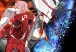  :d ass bodysuit darling_in_the_franxx eyebrows_visible_through_hair floating_hair green_eyes hairband hand_on_hip horns konkonkitunetei long_hair looking_at_viewer looking_back mecha open_mouth pilot_suit pink_hair red_bodysuit red_eyes smile solo strelizia white_hairband zero_two_(darling_in_the_franxx) 