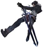  1boy belt black_gloves black_hair black_jacket black_pants black_shoes brown_belt commentary_request final_fantasy final_fantasy_viii fur-trimmed_jacket fur_trim gloves gun gunblade highres holding holding_weapon jacket long_sleeves male_focus nini_tw99 pants shirt shoes simple_background solo squall_leonhart weapon white_background 