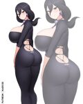 1girl alternate_breast_size ass ball_earrings black_dress black_hair blush breasts closed_mouth dress earrings hair_between_eyes hex_maniac_(pokemon) hex_maniac_(pokemon_legends:_z-a) huge_breasts jewelry kaos_art large_breasts large_earrings long_hair long_sleeves looking_at_viewer neck_ribbon pearl_earrings pokemon pokemon_legends:_z-a purple_eyes purple_ribbon ribbon sideboob simple_background smile solo sphere_earrings 