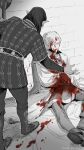  2boys absurdres astarion baldur&#039;s_gate baldur&#039;s_gate_3 black_hair bleeding blood blood_on_clothes blood_on_face cazador_szarr dungeons_&amp;_dragons guro highres multiple_boys pointy_ears scene_reference sitting spot_color tweedledraws white_hair 