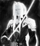 1boy absurdres armor belt belt_buckle black_background buckle chest_strap closed_mouth coat collared_coat curtained_hair final_fantasy final_fantasy_vii gloves high_collar highres holding holding_sword holding_weapon long_hair long_sleeves looking_ahead male_focus masamune_(ff7) pauldrons sephiroth shoulder_armor shyuuwei solo sword upper_body very_long_hair weapon 