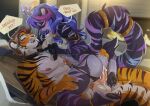 anklet anthro armlet black_pawpads blue_nipples clothing crown duo felid female headgear horn jewelry kammi-lu male male/female mammal michael_tenebris_(wyverex) neck_tuft necktie nipples pantherine pawpads pink_nipples purple_stripes purrity stripes tiger torn_clothing tuft
