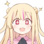  1girl bad_link blonde_hair double_bun hair_bun little_witch_nobeta lowres no_nose nobeta nobeta_(land_mine_girl_skin) official_art open_mouth pink_shirt portrait red_eyes shirt simple_background solo sparkling_eyes straight-on transparent_background 