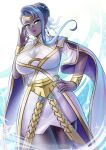  1girl absurdres adjusting_eyewear blue_hair blue_nails breasts dark-skinned_female dark_skin fire_emblem fire_emblem_heroes glasses hair_bun heimdallr_(fire_emblem) highres katou_shinobu large_breasts lipstick looking_at_viewer makeup nail_polish office_lady solo 
