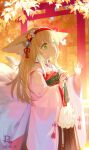  1girl absurdres animal_ear_fluff animal_ears apron arknights asamayuki_ra blonde_hair brown_hakama bug butterfly chinese_commentary chromatic_aberration commentary_request dated flower fox_ears fox_girl fox_tail frilled_apron frills green_eyes hair_flower hair_ornament hair_ribbon hairband hakama hakama_skirt hands_up highres japanese_clothes kimono kitsune kyuubi long_hair long_sleeves multiple_tails multiple_torii official_alternate_costume parted_lips pink_kimono red_hairband red_ribbon ribbon ribbon-trimmed_sleeves ribbon_trim skirt solo suzuran_(arknights) suzuran_(yukibare)_(arknights) tail torii triangle_mouth white_apron wide_sleeves 