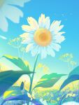  1girl artist_name bird black_hair blue_sky bug clear_sky day dress field flower flower_field from_behind highres huhv. leaf long_hair mini_person minigirl original outdoors plant scenery sky solo standing summer white_dress white_flower 
