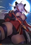  ahoge arm_guards black_bow bow breasts cherry_blossoms cleavage_cutout commentary_request dark_skin fate/grand_order fate_(series) from_below hair_between_eyes hair_bow hair_over_one_eye high_collar holding holding_sword holding_weapon ion_(cation) katana large_breasts long_hair looking_at_viewer looking_down moon night night_sky okita_souji_(alter)_(fate) okita_souji_(fate)_(all) parted_lips patreon_username sky sword tassel thick_thighs thigh_strap thighs tied_hair weapon white_hair yellow_eyes 