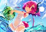  ball beachball blush commentary_request demon_girl disgaea highres holding horns looking_at_viewer makai_senki_disgaea_3 miyakawa106 one-piece_swimsuit pink_eyes pink_hair raspberyl see-through short_hair solo swimsuit tail water wet wet_clothes wet_swimsuit wings 