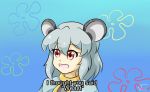  animal_ears blue_background blue_sky day english eyebrows_visible_through_hair grey_hair highres mouse_ears nazrin neferkitty open_mouth raised_eyebrows red_eyes short_hair sky spongebob_squarepants touhou 