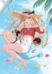  1girl absurdres adjusting_clothes adjusting_headwear barefoot blonde_hair blue_ribbon blueberry bottle braid bright_pupils cropped_shirt cutoffs denim denim_shorts dot_nose eating eshi_100_nin_ten feet finger_to_mouth flower food food_in_mouth food_on_body fruit full_body hanging_chair hat hat_ribbon highres looking_at_viewer mignon navel off-shoulder_shirt off_shoulder original outdoors pink_flower polka_dot polka_dot_ribbon polka_dot_shirt purple_eyes red_shirt ribbon scan shirt shorts sitting solo straw_hat strawberry third-party_source toes white_flower wine_bottle yellow_flower 