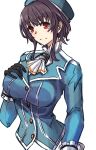  1girl ascot beret black_gloves black_hair blue_hat blue_jacket blush breasts gloves hand_on_own_chest hat highres jacket kantai_collection large_breasts long_sleeves looking_at_viewer military military_uniform red_eyes shirt short_hair smile solo takao_(kancolle) tonke upper_body white_background white_shirt 