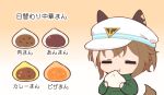  1girl :t =_= animal_ears blush brown_hair cheval_grand_(umamusume) chibi chibi_only closed_eyes commentary_request ears_through_headwear eating food gomashio_(goma_feet) gradient_background green_hoodie hat holding holding_food hood hood_down hoodie horse_ears horse_girl horse_tail long_sleeves multicolored_hair short_hair solo steamed_bun tail translation_request two-tone_hair umamusume white_background white_hair white_hat yellow_background 