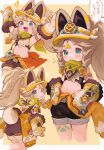  ! !! 1girl absurdres animal_ears arms_up bandana bandana_around_neck black_shorts blue_eyes blush braid brown_hair chinchilla_ears chinchilla_girl chinchilla_tail crop_top flying_sweatdrops genshin_impact hat highres kachina_(genshin_impact) long_hair mittens mscdraw multiple_views open_mouth parted_lips ponytail shorts side_braids simple_background sleeveless stomach tail visor_cap 