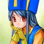 1girl blue_hair blue_hat blue_tabard bodysuit commentary_request dragon_quest dragon_quest_iii gloves gold_trim green_background hand_on_own_cheek hand_on_own_face hat highres long_hair looking_at_viewer looking_to_the_side mitre orange_bodysuit pekuchin_(pekuchin_3) priest_(dq3) red_eyes solo tabard upper_body yellow_gloves 