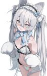  1girl absurdres animal_ears animal_hands bandaid bandaid_on_face bandaid_on_nose bare_shoulders blue_bow blue_eyes bow bra breasts cat_ears cat_tail cleavage cowboy_shot frilled_bra frilled_panties frills gloves grin hair_between_eyes hair_ribbon headdress highres long_hair looking_at_viewer navel original panties paw_gloves ribbon simple_background small_breasts smile solo soya_(torga) tail tail_around_own_leg twintails underwear very_long_hair white_background white_bra white_hair white_panties 