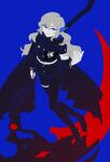  1boy argalia_(project_moon) black_boots black_cape black_jacket black_pants blue_background blue_eyes boots cape full_body gloves hand_up highres holding holding_scythe jacket last_defense_academy_school_uniform library_of_ruina long_hair long_sleeves looking_at_viewer noct2aa open_mouth pants project_moon school_uniform scythe simple_background smile solo the_hundred_line_-last_defense_academy- white_gloves white_hair 