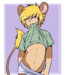  2017 anthro blush clothed clothing clothing_lift crackers crackers_(character) looking_at_viewer male mammal mouse navel rodent shirt shirt_lift solo 