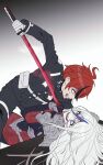  1boy 1girl 4oji344 armband black_streaks blood blood_from_mouth blood_on_face blood_on_hands blood_on_weapon blue_streaks clenched_teeth highres holding holding_sword holding_weapon hole_in_chest hole_on_body injury last_defense_academy_school_uniform open_mouth school_uniform smirk sumino_takumi sword teeth the_hundred_line_-last_defense_academy- v&#039;ehxness weapon white_armband 