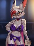 anthro blush bottomwear bra breasts camel_toe canid canine canis clipboard clothed clothing digital_media_(artwork) duo extreme_size_difference eyewear feet female fur glasses hacatiko hair hi_res holding_clipboard holding_object lagomorph larger_female legwear leporid lingerie lingerie_panties macro male male/female mammal open_clothing open_topwear panties pants pants_only rabbit simple_background size_difference smaller_male smile stockings toes topless topless_anthro topless_male topwear underwear wearing_glasses wolf