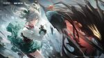  1girl absurdres aether_gazer arm_up black_boots black_gloves blue_eyes boots bracer breasts center_frills chest_harness ciel_alencon corset cowboy_shot fingerless_gloves frilled_shirt_collar frilled_skirt frills gloves god_eater god_eater_2:_rage_burst green_ribbon green_skirt grey_hair hair_between_eyes hair_ribbon harness highres holding holding_sword holding_weapon huge_weapon knee_boots large_breasts logo long_sleeves looking_at_viewer neck_ribbon official_art official_wallpaper parted_lips puffy_long_sleeves puffy_sleeves red_ribbon ribbon shirt short_hair short_twintails sidelocks skirt snowflakes solo standing standing_on_one_leg sword twintails weapon white_shirt 